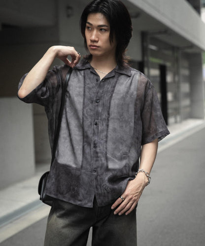 透視印花開領短袖襯衫