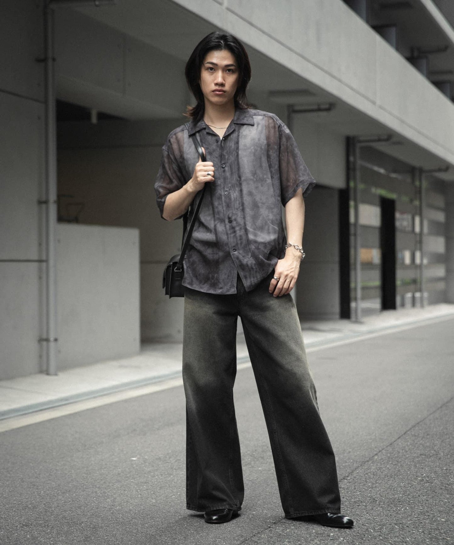 透視印花開領短袖襯衫