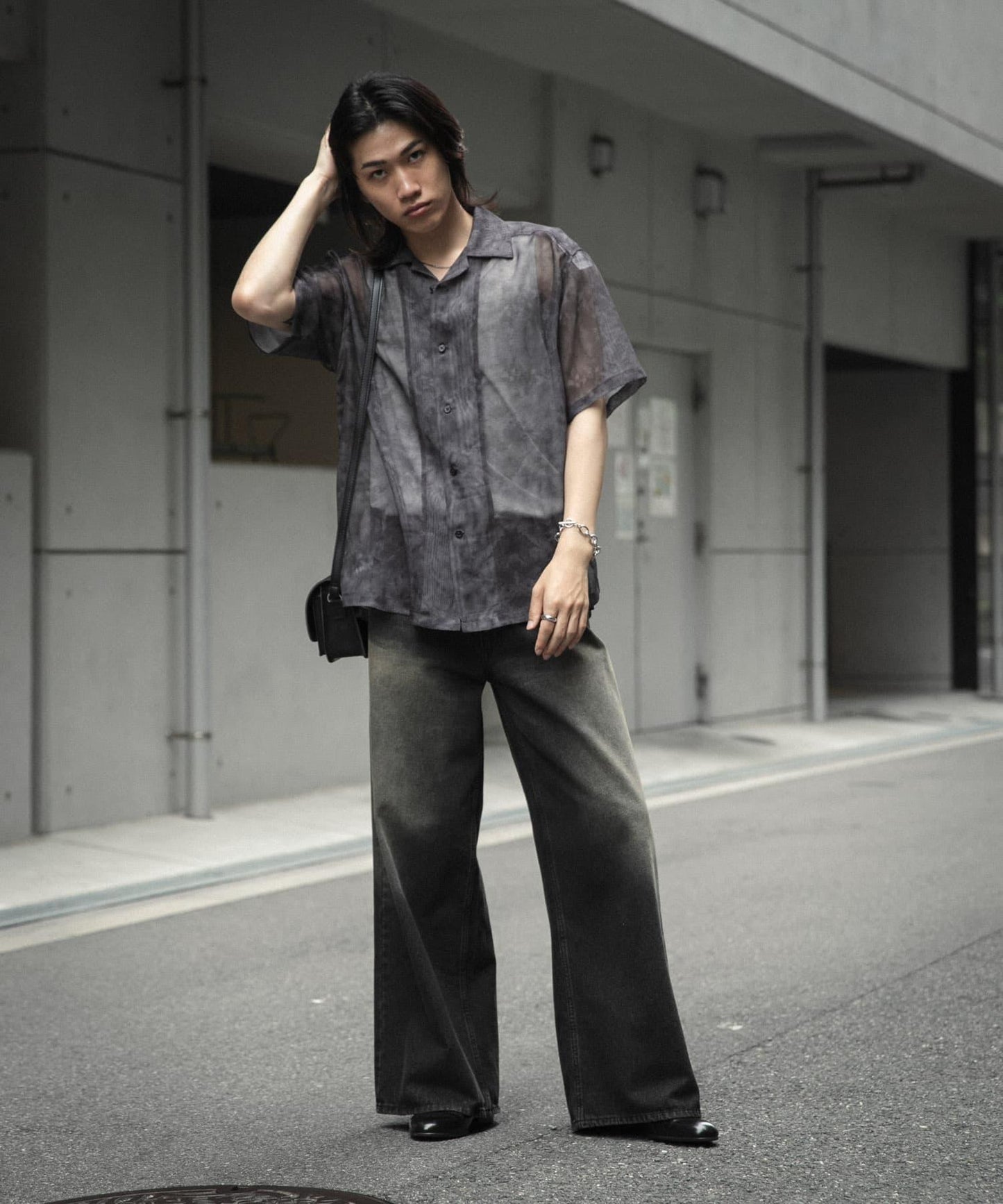 透視印花開領短袖襯衫