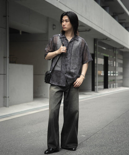 透視印花開領短袖襯衫