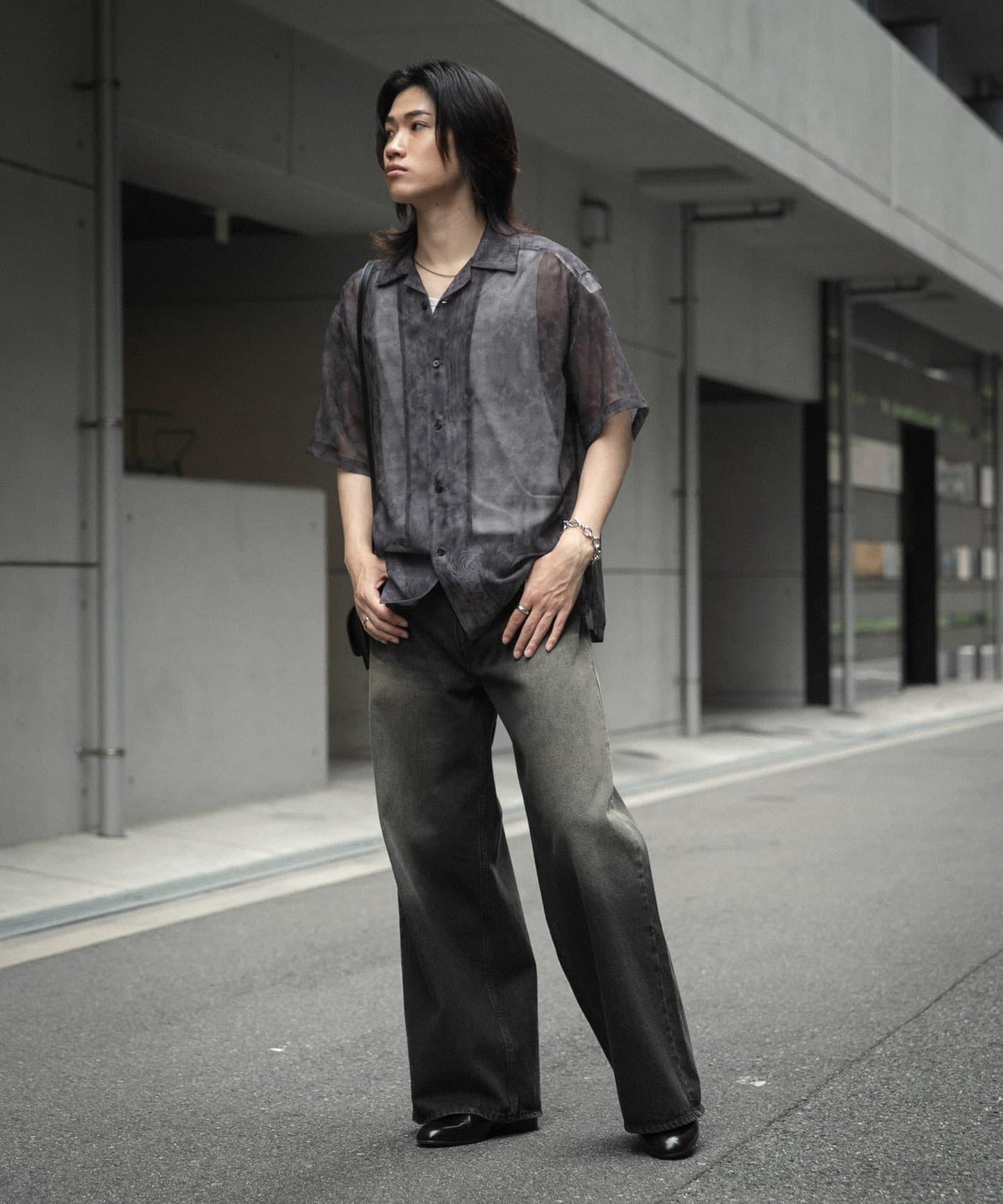 透視印花開領短袖襯衫