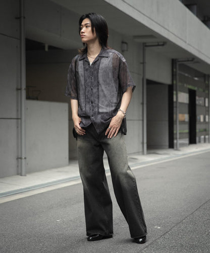 透視印花開領短袖襯衫