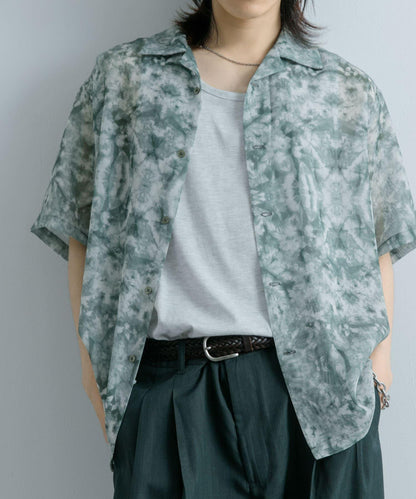 透視印花開領短袖襯衫