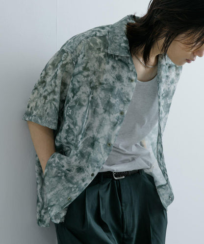 透視印花開領短袖襯衫