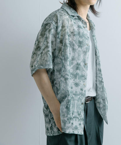 透視印花開領短袖襯衫