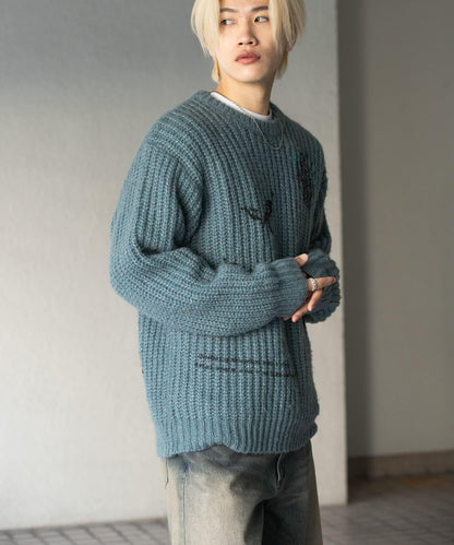 圖案印花寬鬆圓領針織衫