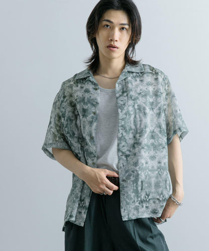 透視印花開領短袖襯衫