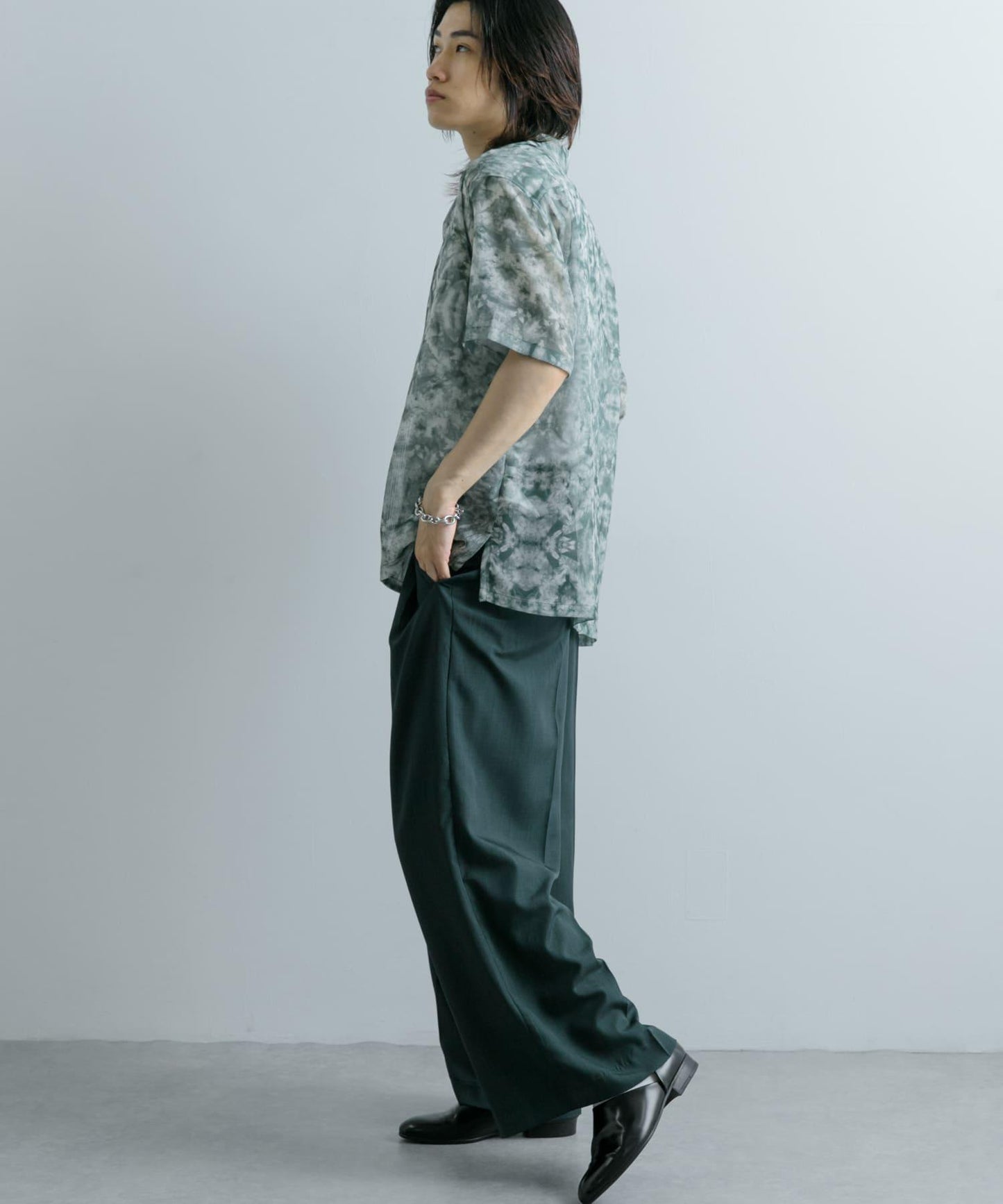 透視印花開領短袖襯衫