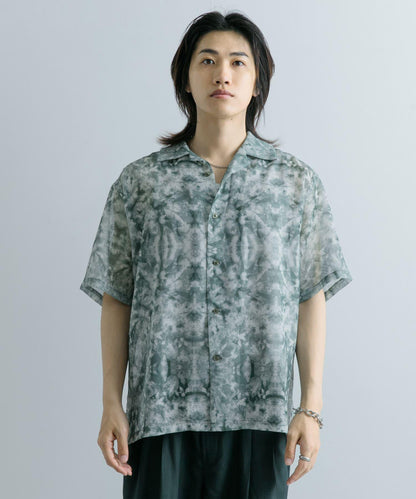 透視印花開領短袖襯衫