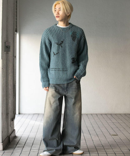 圖案印花寬鬆圓領針織衫