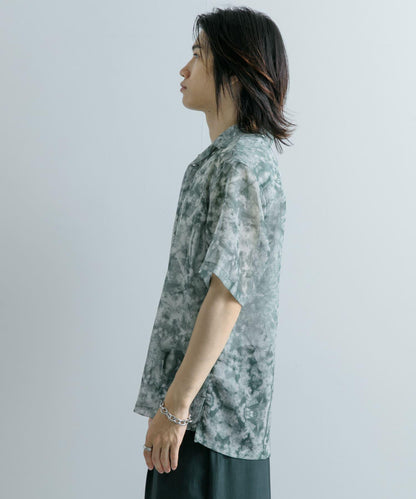 透視印花開領短袖襯衫