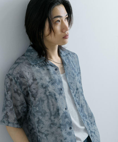 透視印花開領短袖襯衫