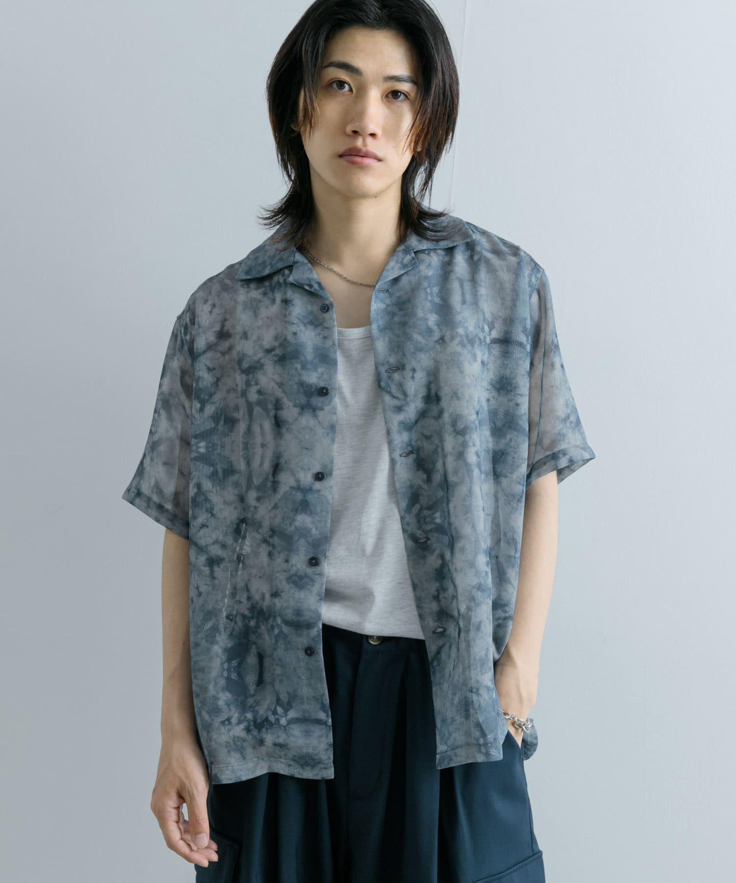 透視印花開領短袖襯衫