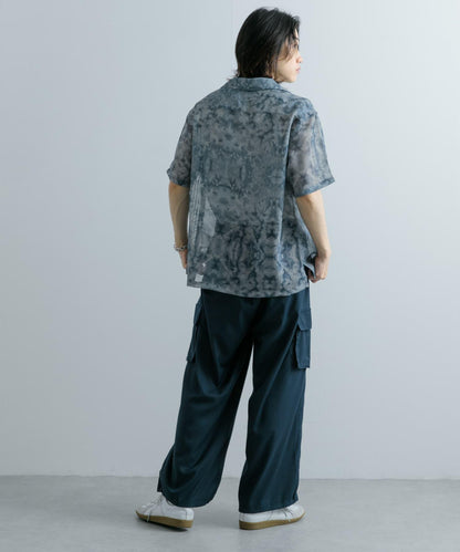 透視印花開領短袖襯衫