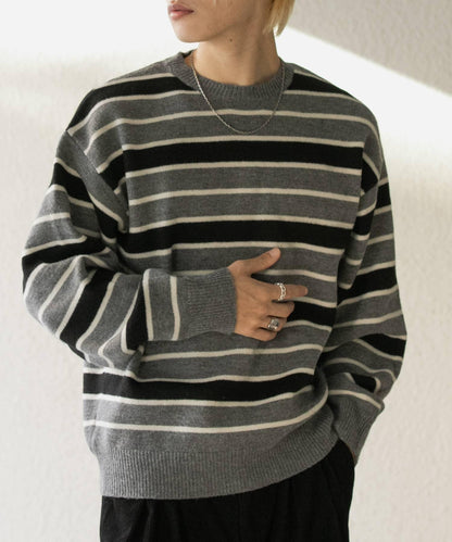 羊毛混紡條紋圓領針織衫
