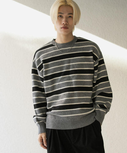 羊毛混紡條紋圓領針織衫
