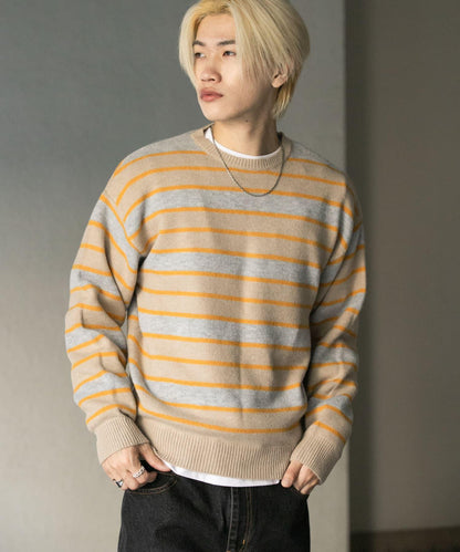 羊毛混紡條紋圓領針織衫