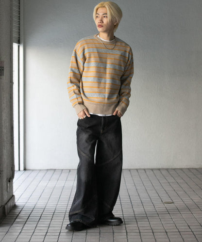 羊毛混紡條紋圓領針織衫