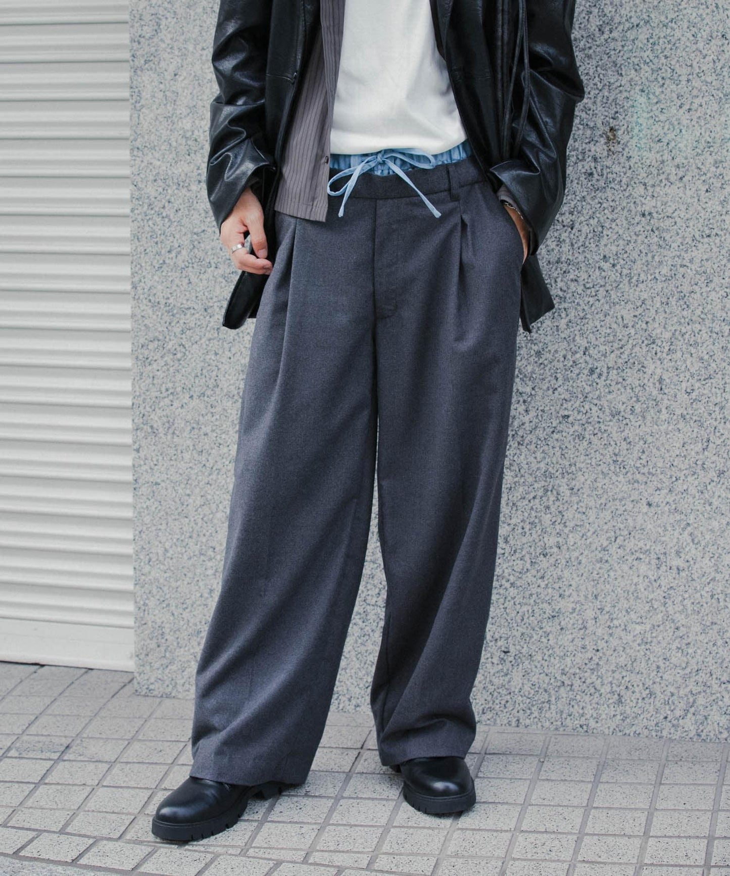 羊毛感假兩件西裝褲