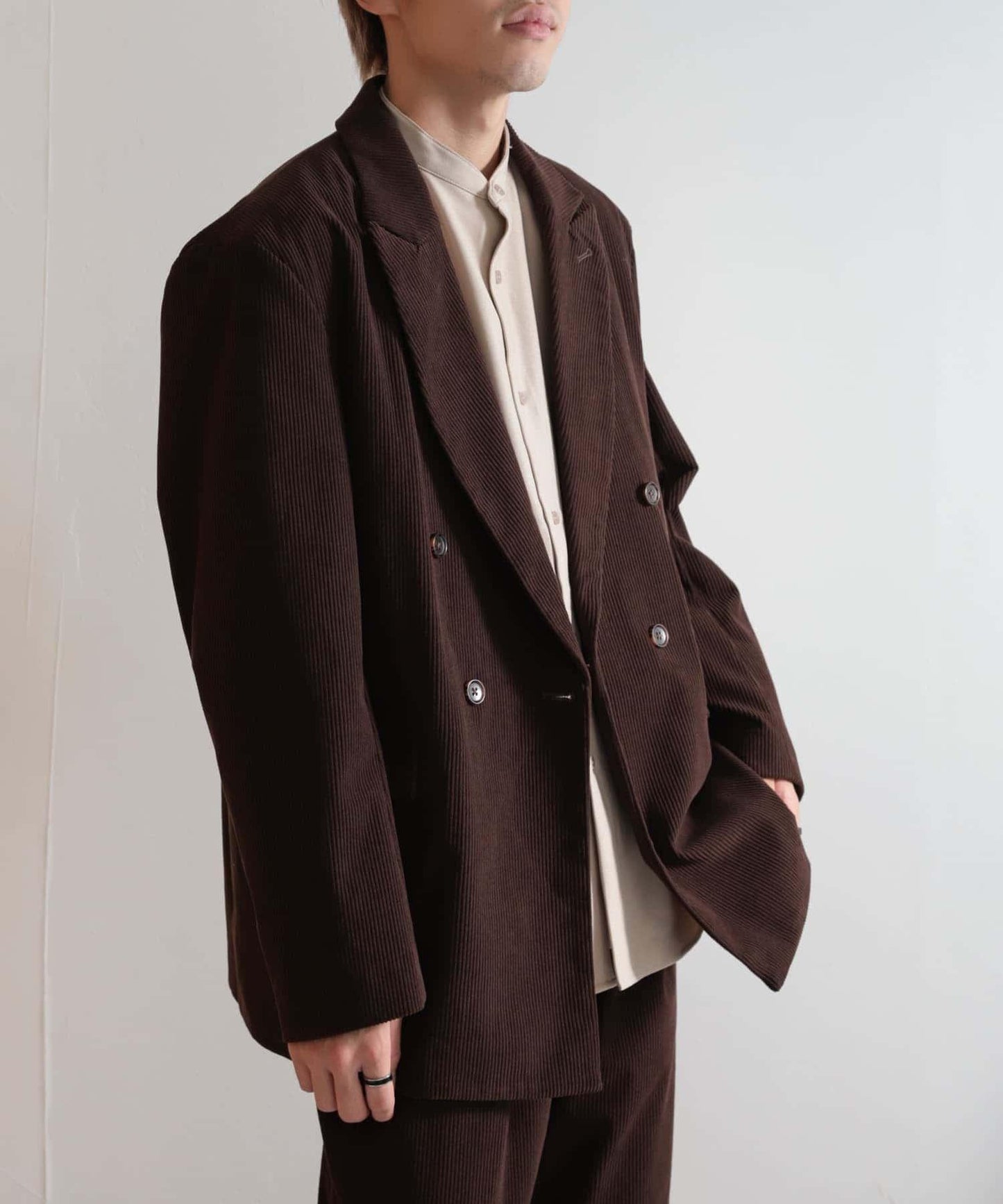 「套裝可搭配」燈芯絨雙排扣寬鬆西裝外套