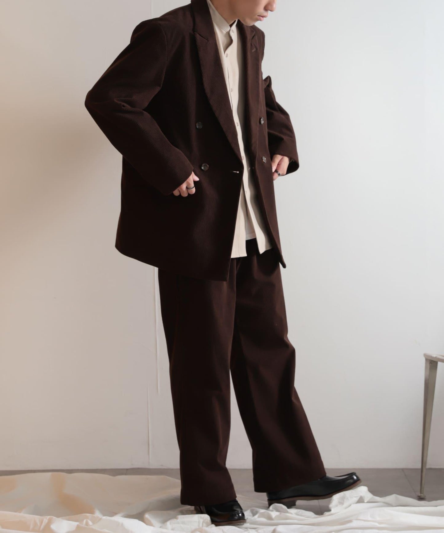 「套裝可搭配」燈芯絨雙排扣寬鬆西裝外套