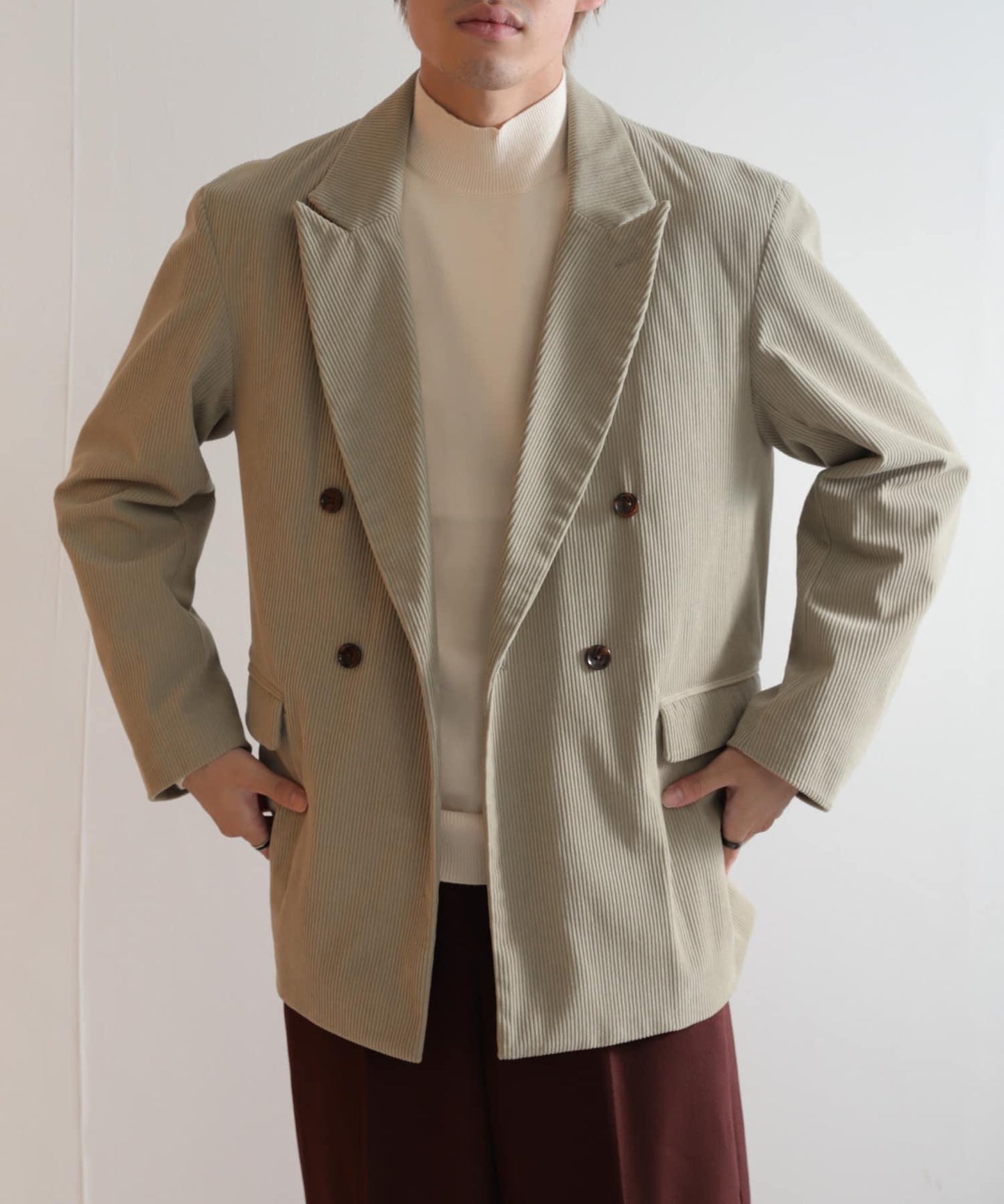 「套裝可搭配」燈芯絨雙排扣寬鬆西裝外套