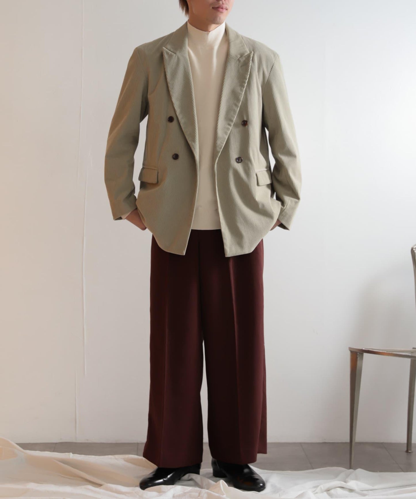 「套裝可搭配」燈芯絨雙排扣寬鬆西裝外套