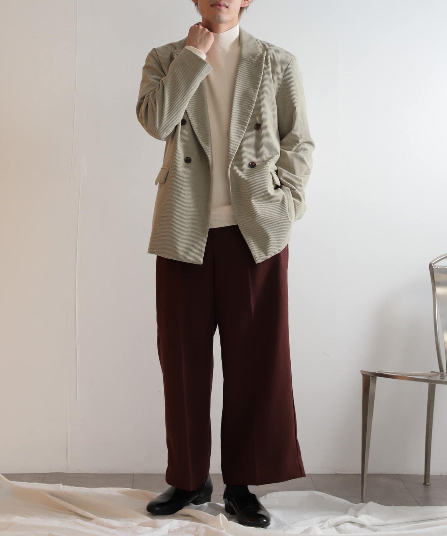 「套裝可搭配」燈芯絨雙排扣寬鬆西裝外套