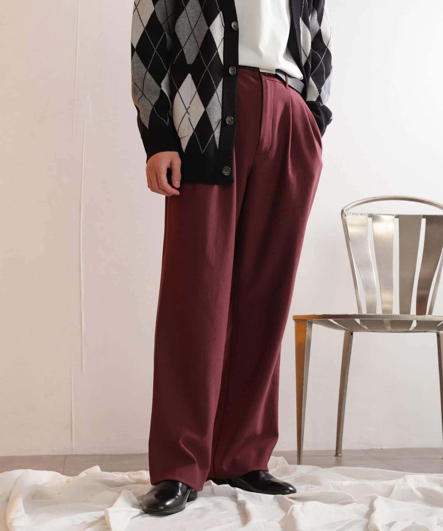 羊毛感雙褶寬腿褲