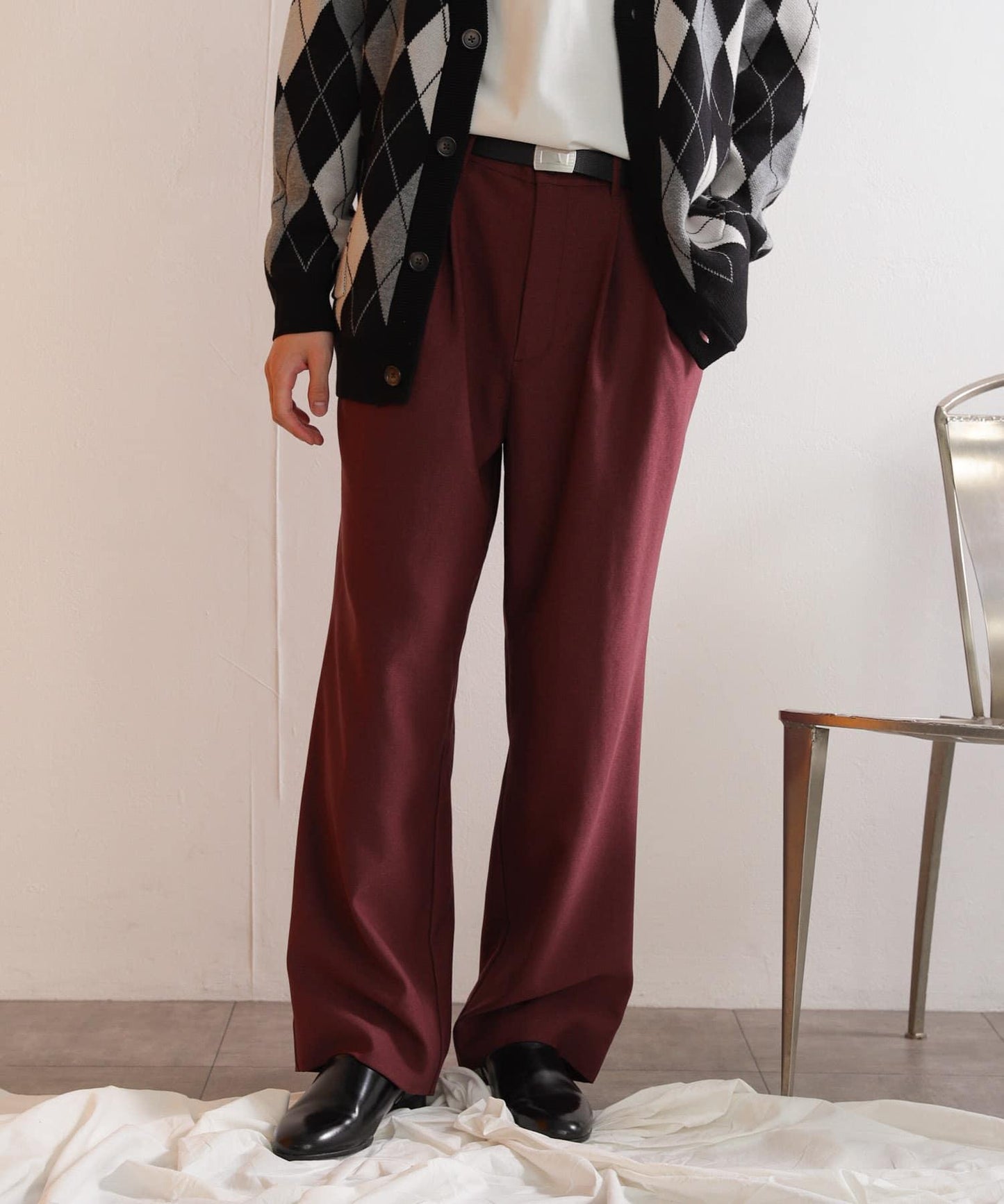 羊毛感雙褶寬腿褲