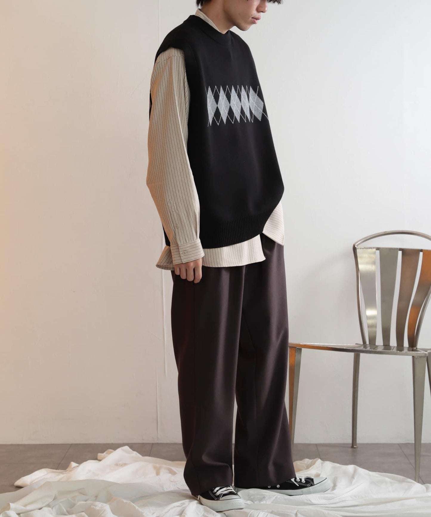 羊毛感雙褶寬腿褲