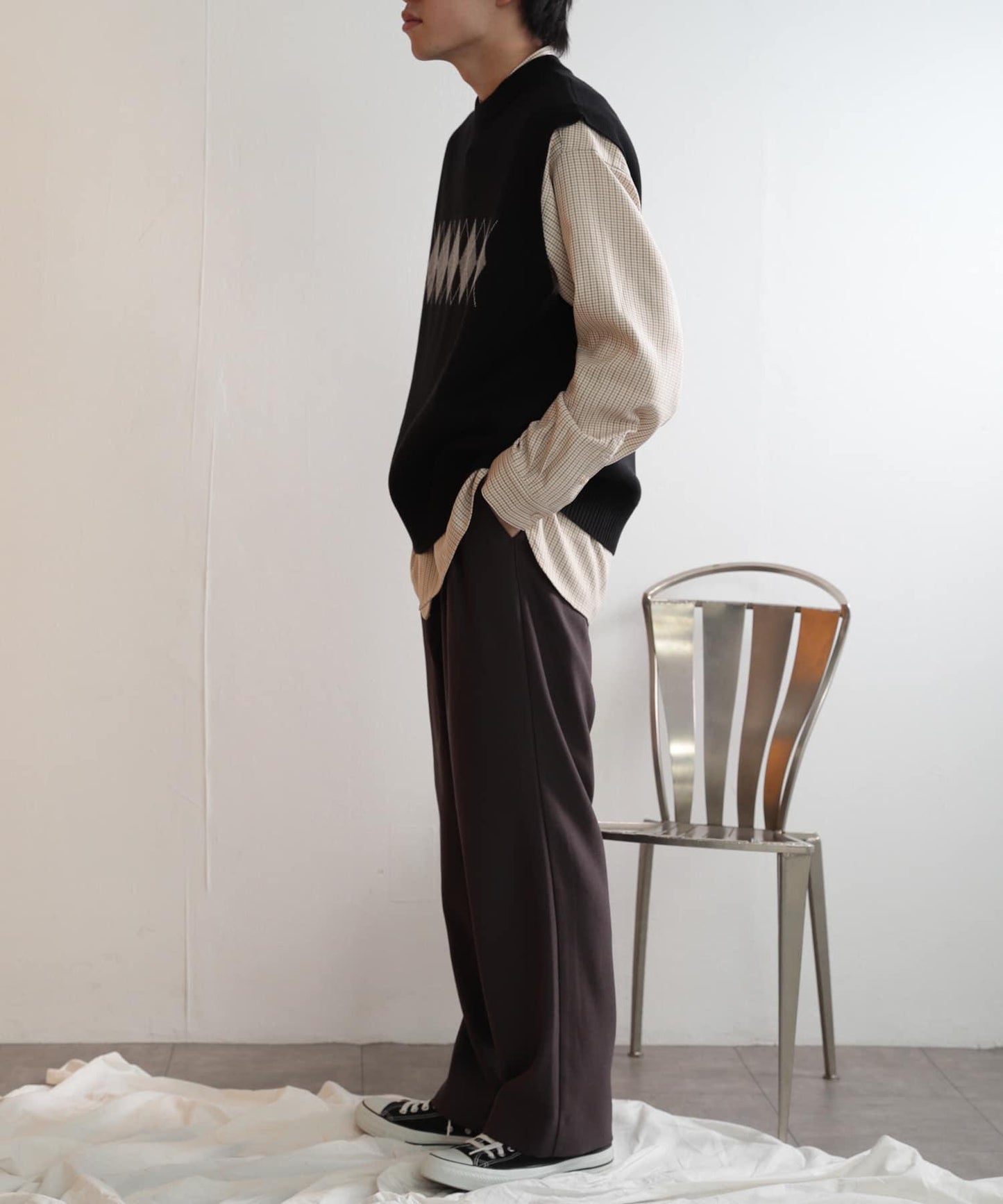 羊毛感雙褶寬腿褲