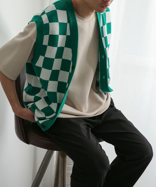 格紋針織開衫馬甲