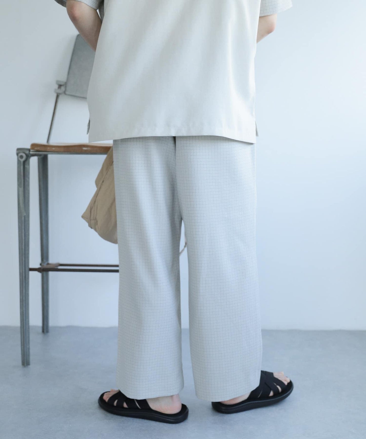 「套裝可搭配」「易打理」格紋亞麻感寬鬆闊腿褲