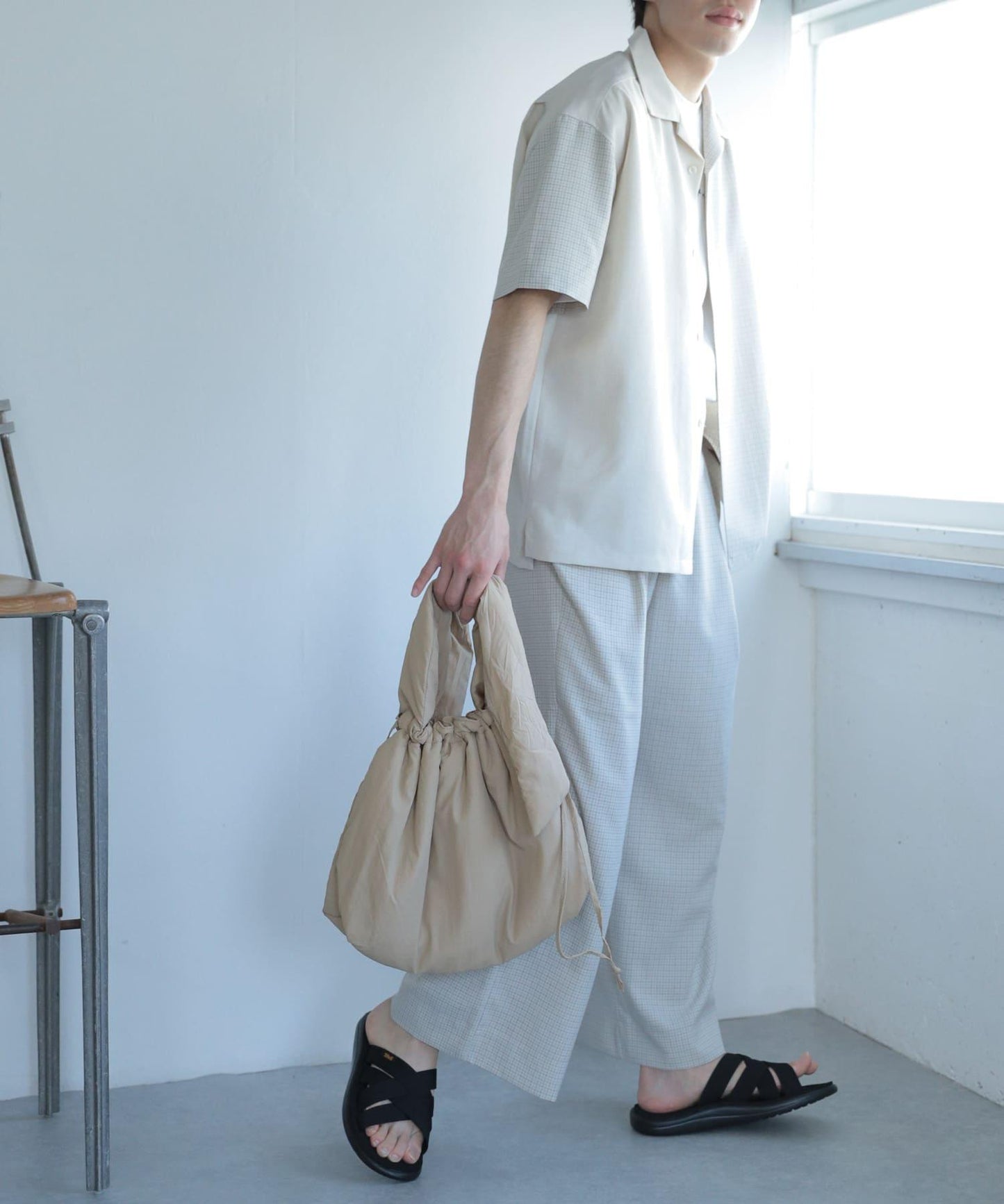 「套裝可搭配」「易打理」格紋亞麻感寬鬆闊腿褲