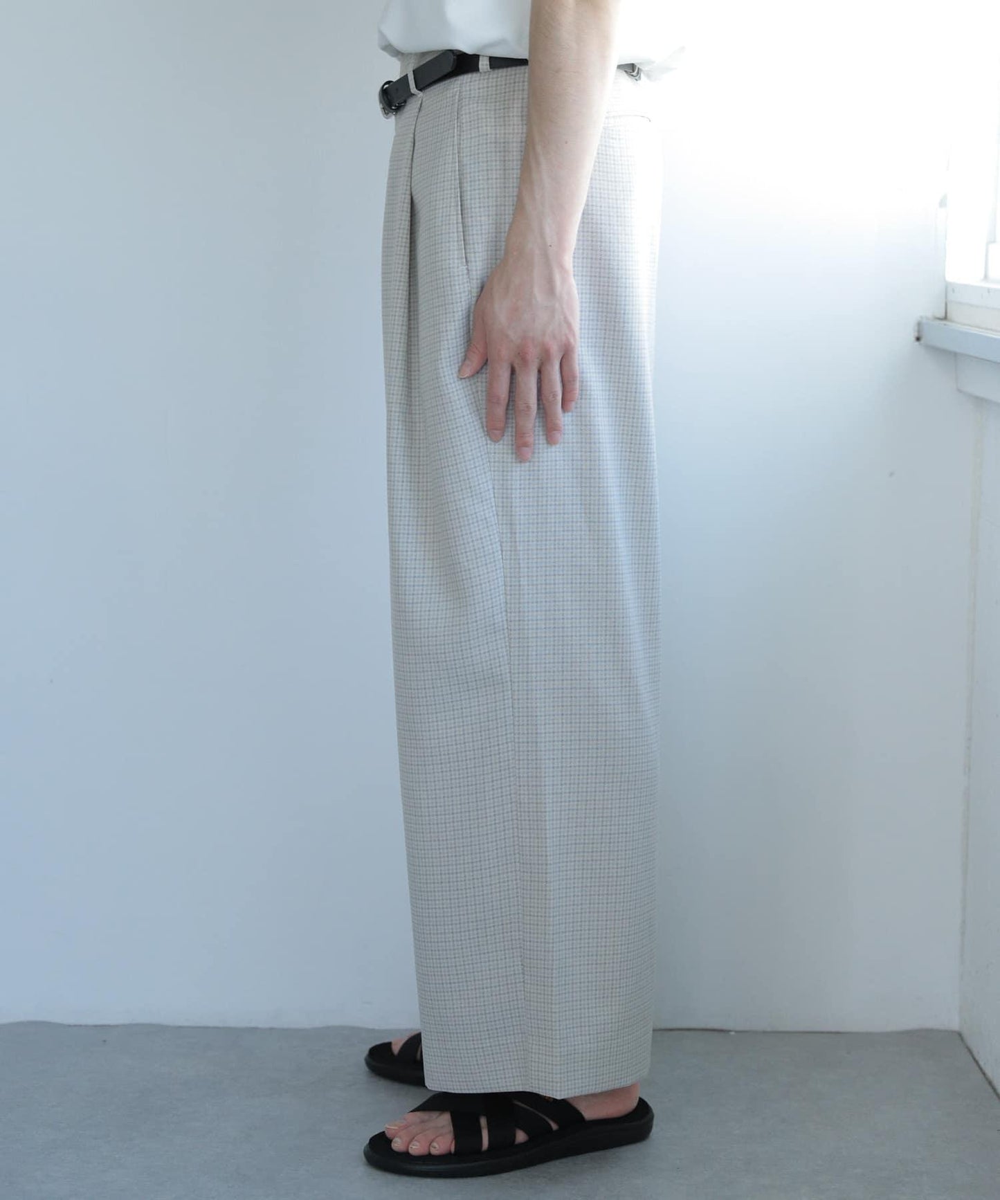 「套裝可搭配」「易打理」格紋亞麻感寬鬆闊腿褲