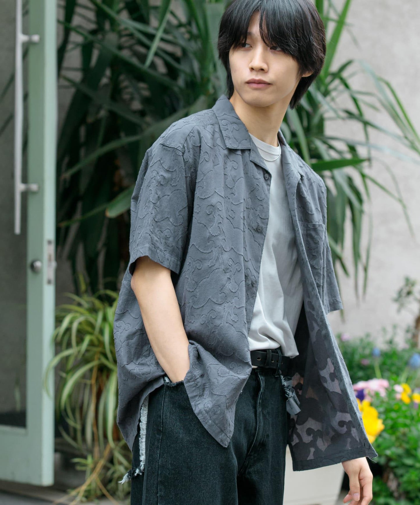 佩斯利印花開領襯衫（五分袖）