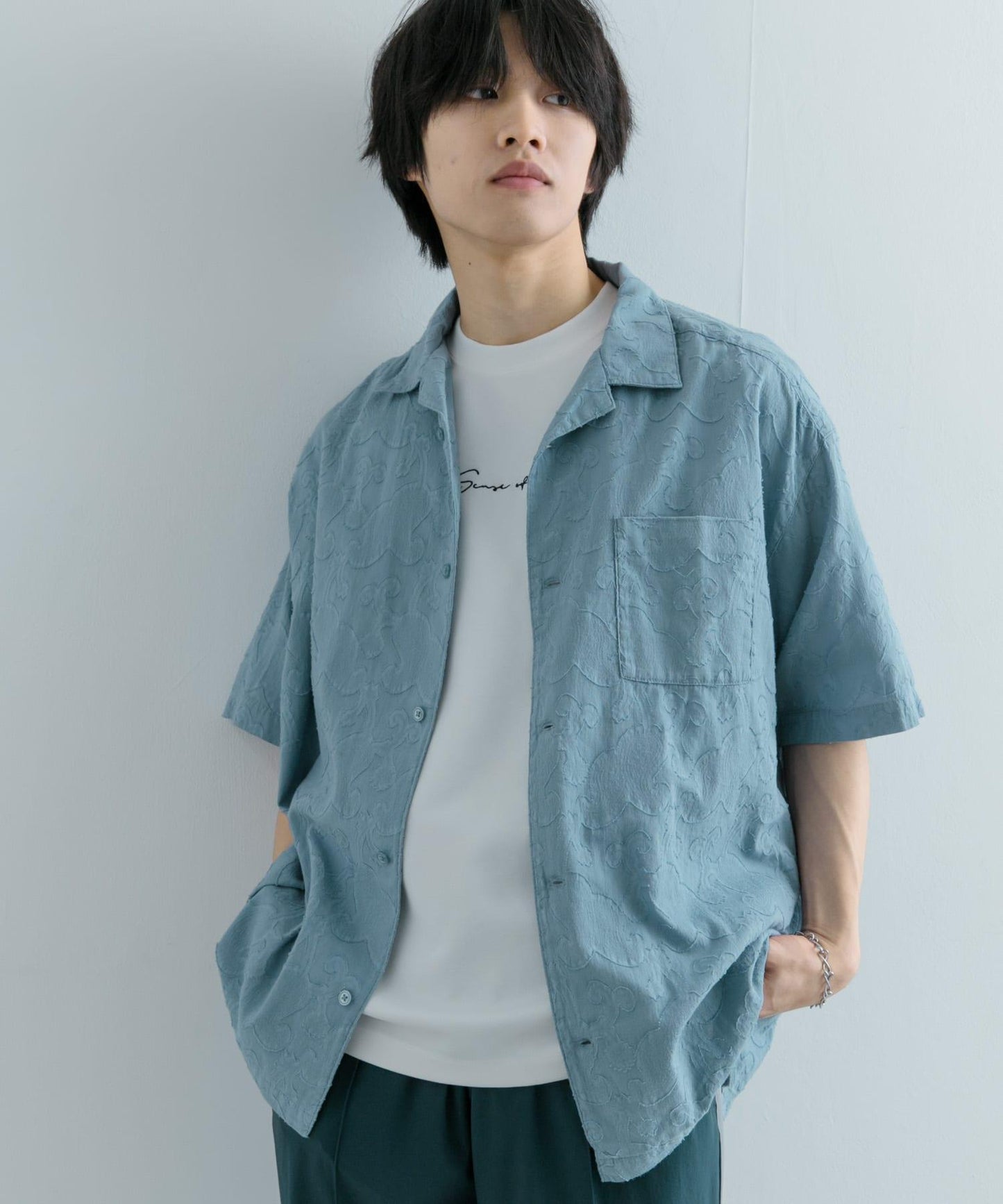 佩斯利印花開領襯衫（五分袖）