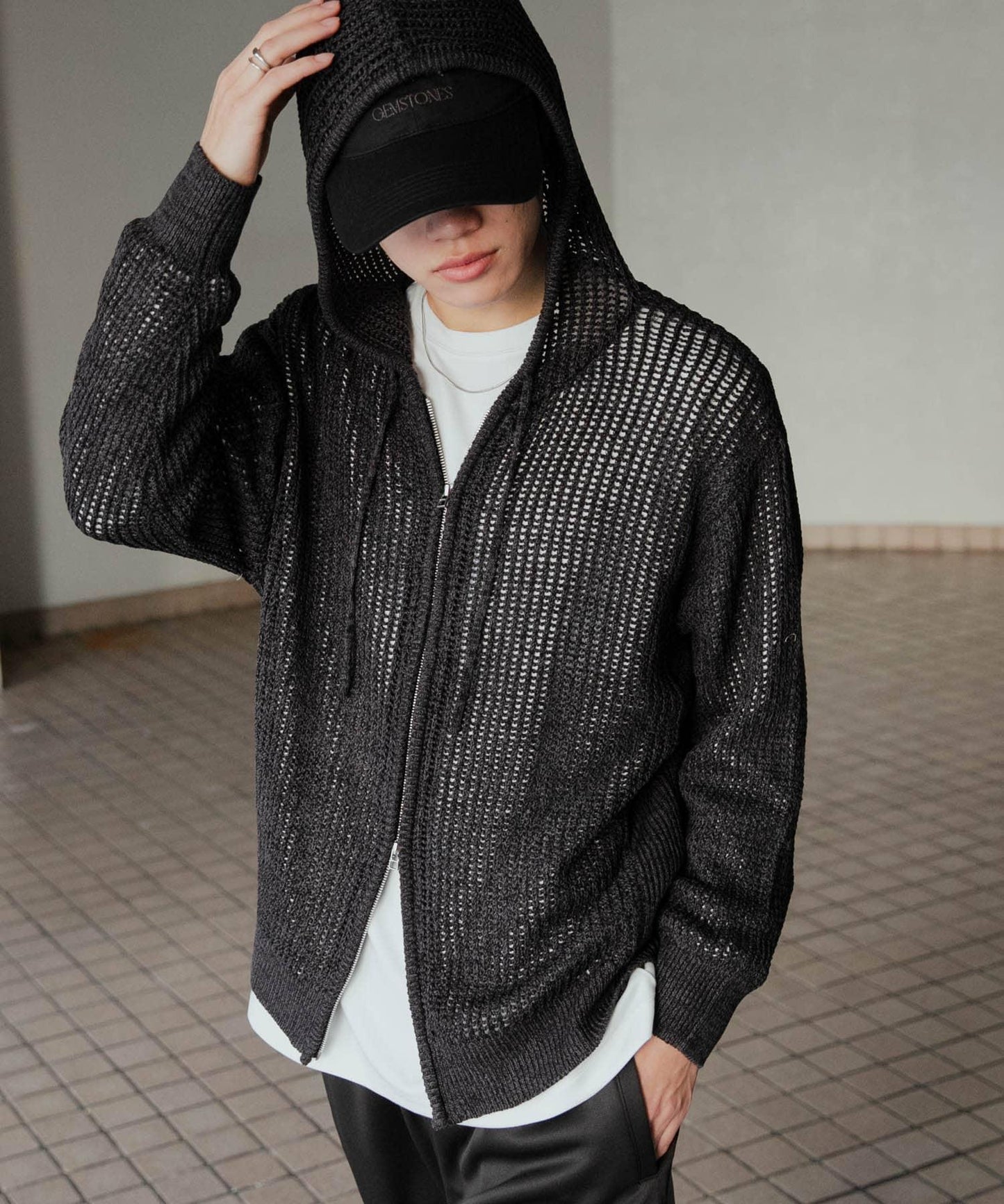 透視網紗連帽拉鍊外套