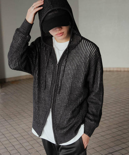 透視網紗連帽拉鍊外套