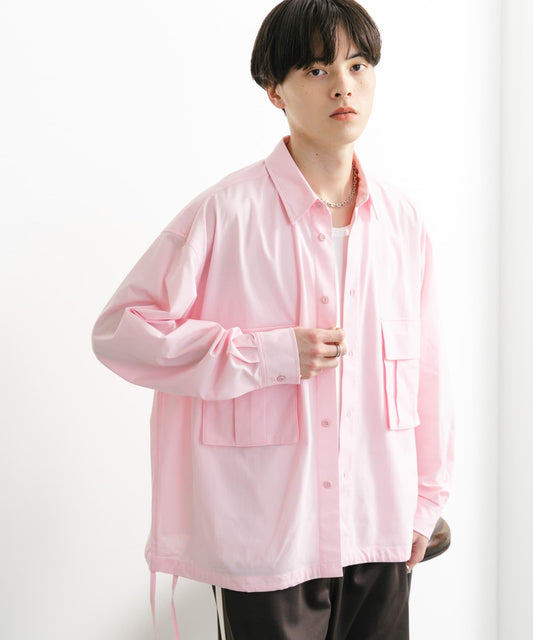 波點網紗雙口袋長袖襯衫