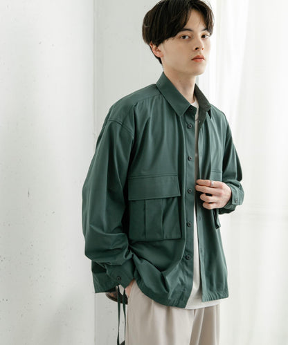 波點網紗雙口袋長袖襯衫