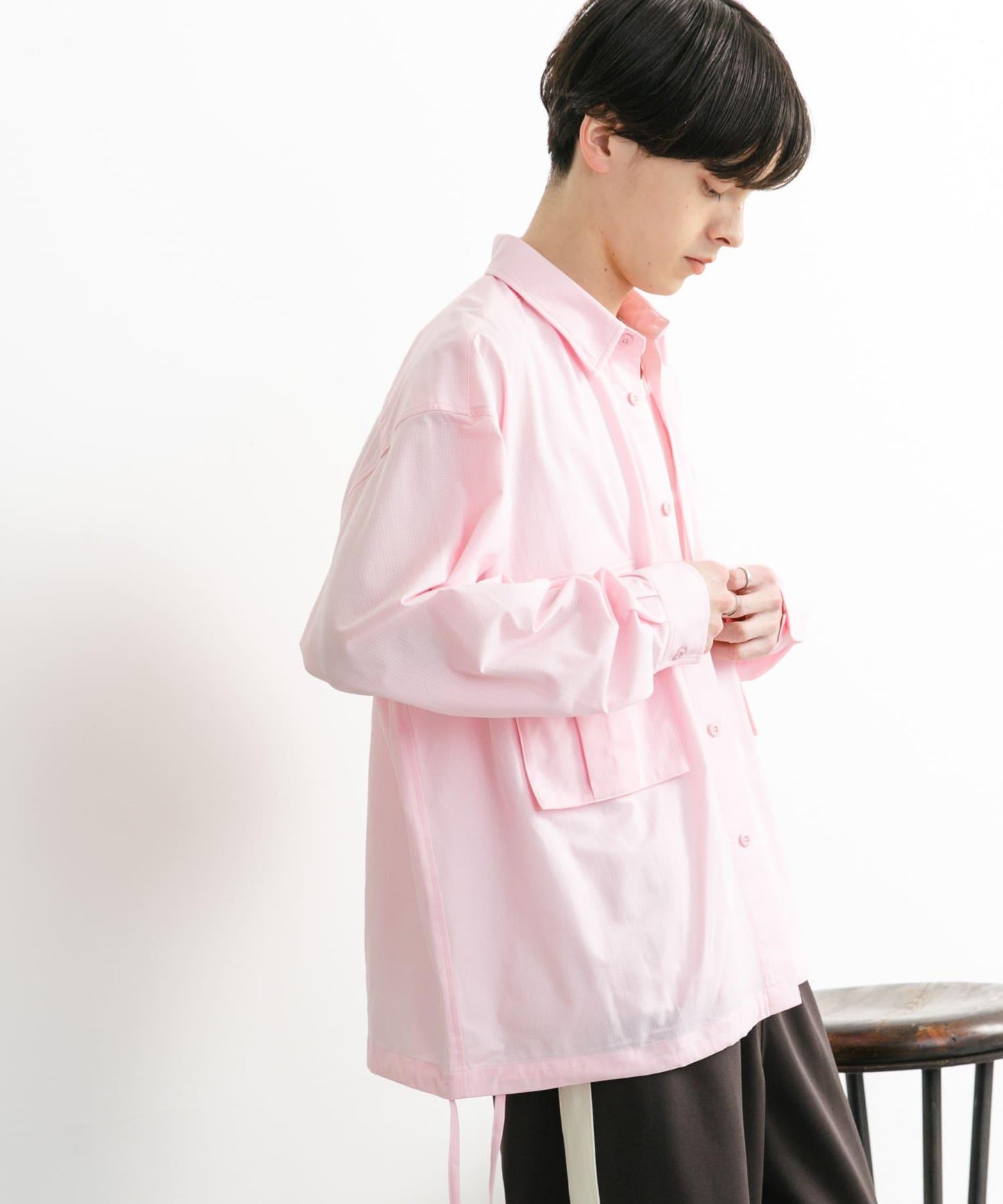 波點網紗雙口袋長袖襯衫