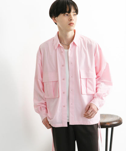 波點網紗雙口袋長袖襯衫