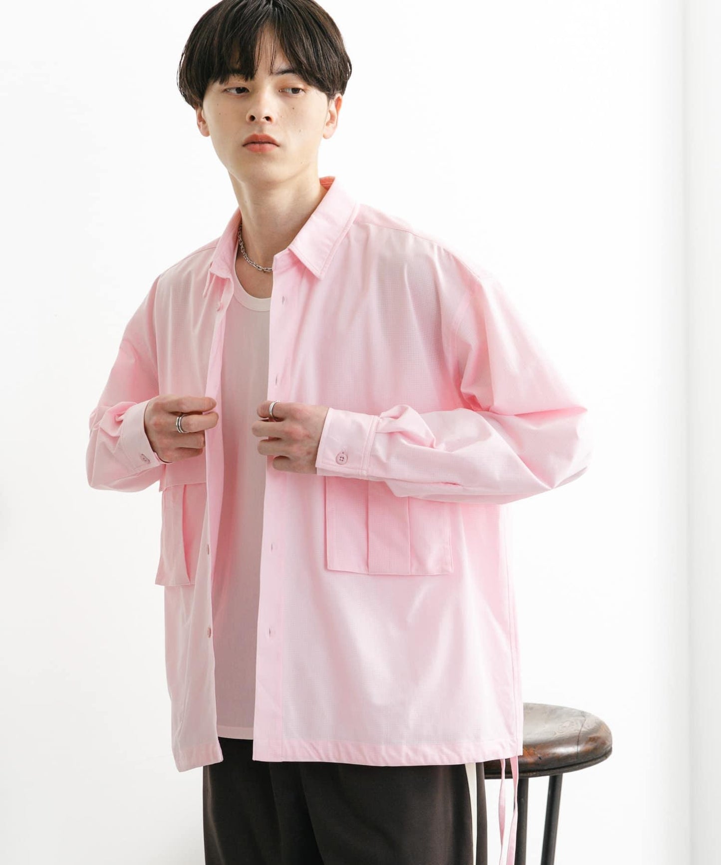 波點網紗雙口袋長袖襯衫