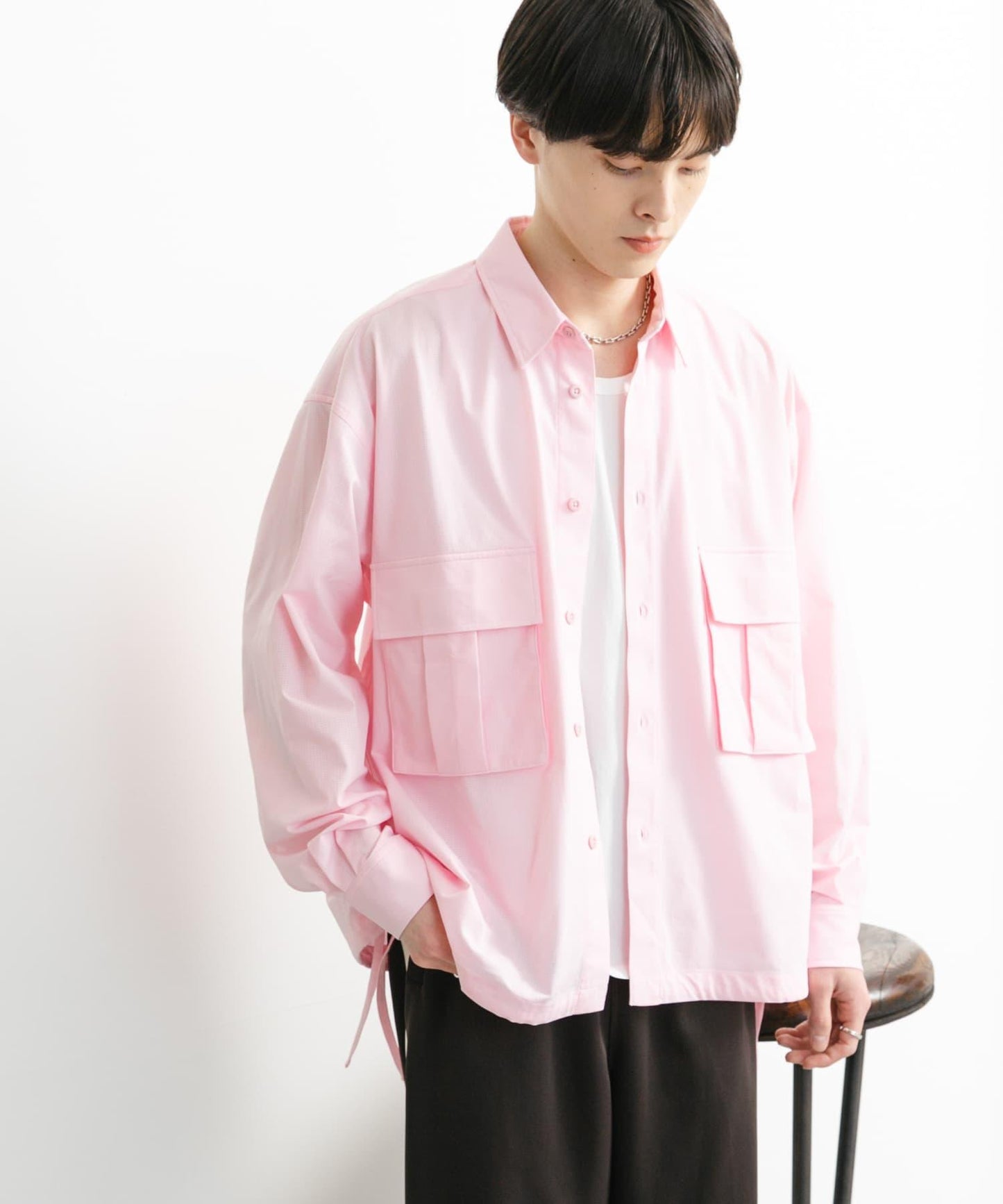 波點網紗雙口袋長袖襯衫