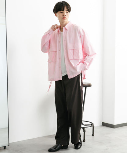 波點網紗雙口袋長袖襯衫