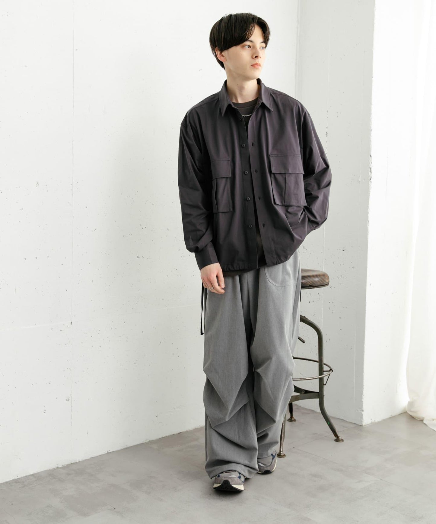 波點網紗雙口袋長袖襯衫