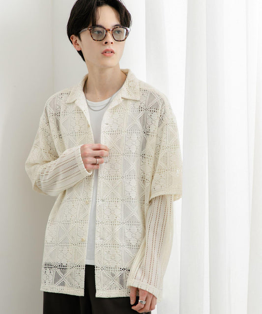 蕾絲假兩件長袖襯衫