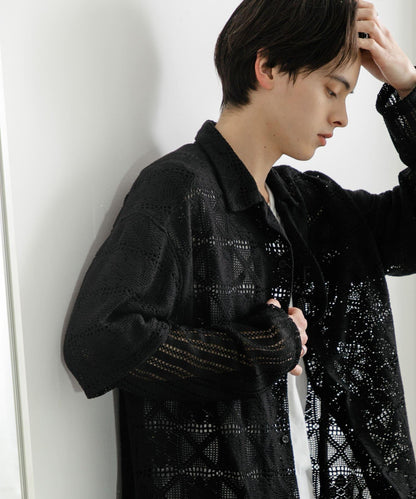 蕾絲假兩件長袖襯衫